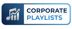 A rectangular logo with a music note and upward graph icon next to the words "Corporate Playlists" in bold blue and black text.