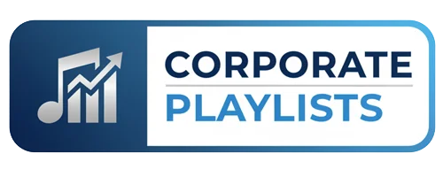 A rectangular logo with a music note and upward graph icon next to the words "Corporate Playlists" in bold blue and black text.